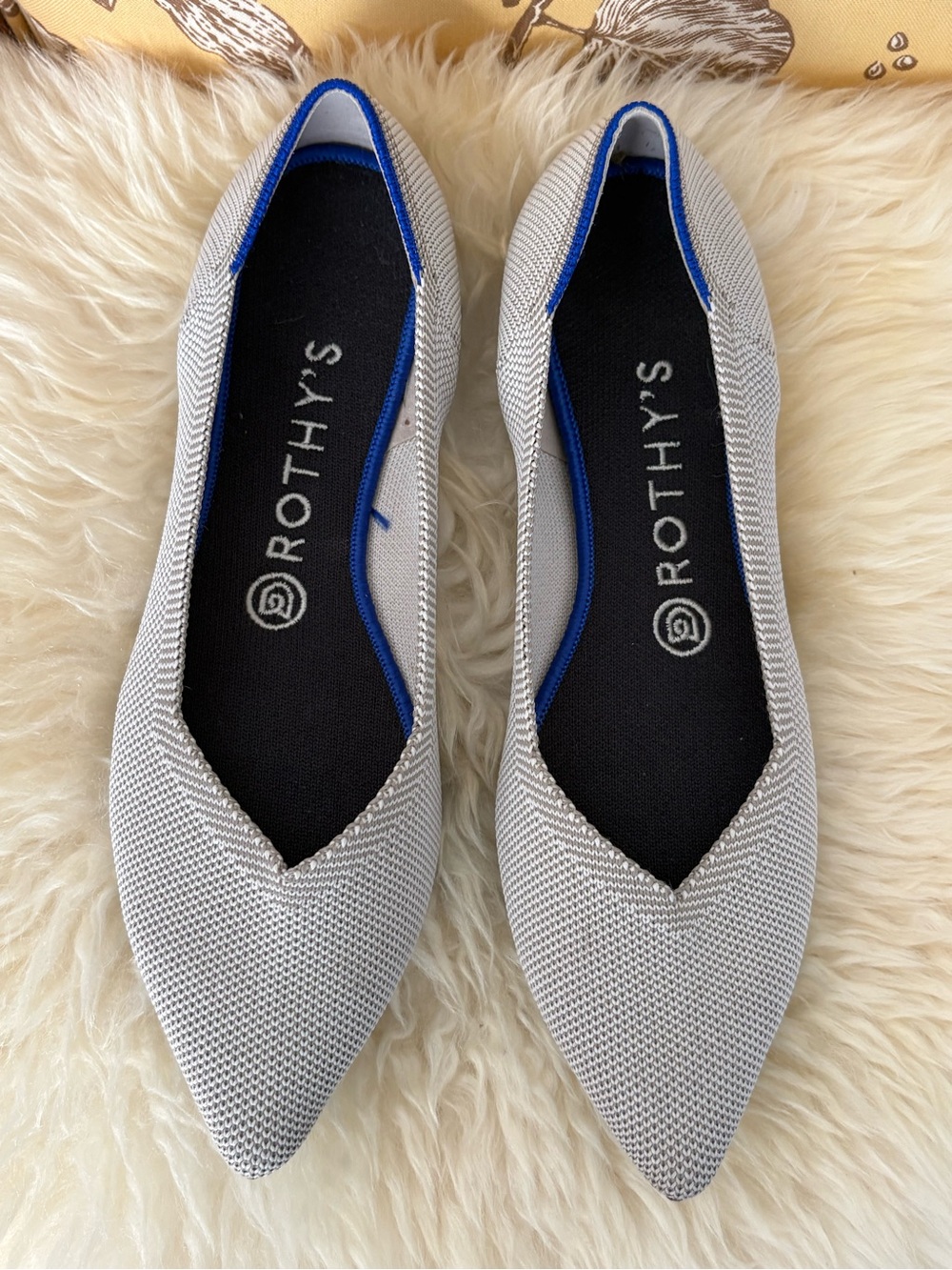 Rothy's Pointed Knit Flats in Light Gray with Blue Trim